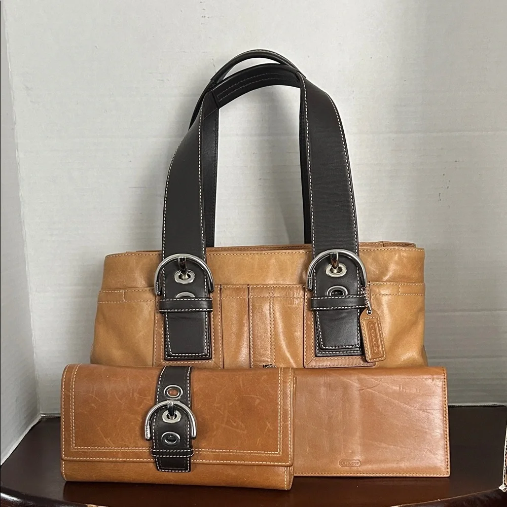 Stylish Tan and dark brown Leather satchel purse Set - Picture 1 of 13